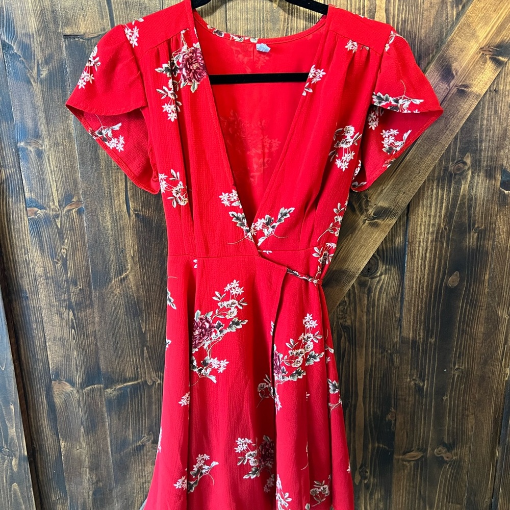 Red Floral Wrap Dress